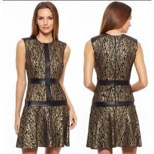 Nicole Miller Leather Trim Black Gold Size 10 Brocade Fit Flare Drop Waist Dress